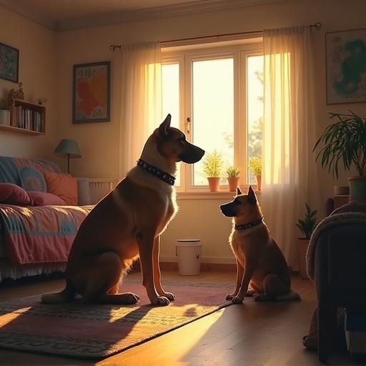 Lo-fi style image captures two dogs in a cozy room. The dogs are positioned by a window with soft curtains. Sunlight pours in creating a warm ambiance. The room is decorated with plants and inviting furnishings. The scene evokes a sense of calm and companionship.