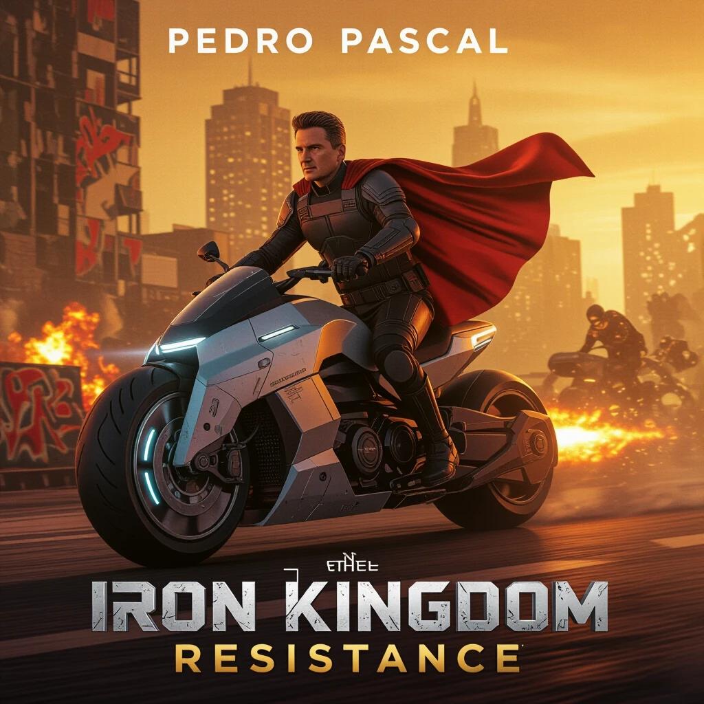 Pedro Pascal rides a futuristic hoverbike through an occupied city with a cape. Background features fires and rebel graffiti. Light is warm and orange. Title is in a metallic block font. Style is military dystopian.