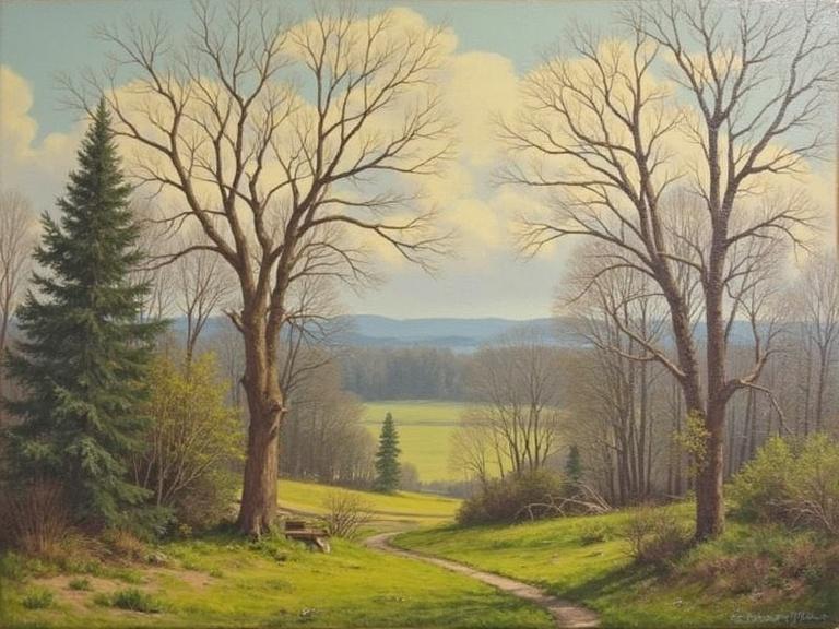 Painting of a spring evening in the countryside. Features two large bare trees beside a winding path. Lush green grass and subtle hints of blooming plants. Background shows rolling hills under a bright sky with fluffy clouds.