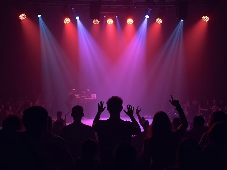 Background for a song show featuring a lively audience. Stage illuminated by vibrant colored lights. Engaged fans with arms raised cheering. Nighttime event atmosphere. Suitable for music-related promotions.