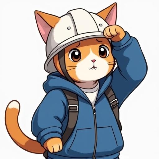 Realistic cat wearing a white helmet and blue work jacket scratching head with worried expression side view Genba Neko style