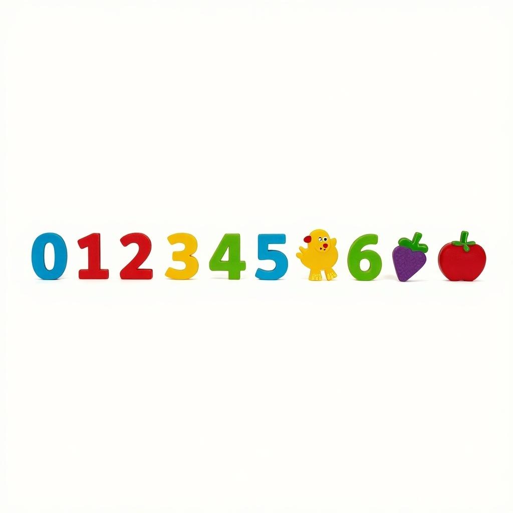 Image shows colorful plastic numbers and various playful shapes. Background is white. Arrangement includes letters on the left and a mix of numbers and shapes. Shapes are fruits and animals. Design attracts young children. Visual helps engage children in letter and number learning.