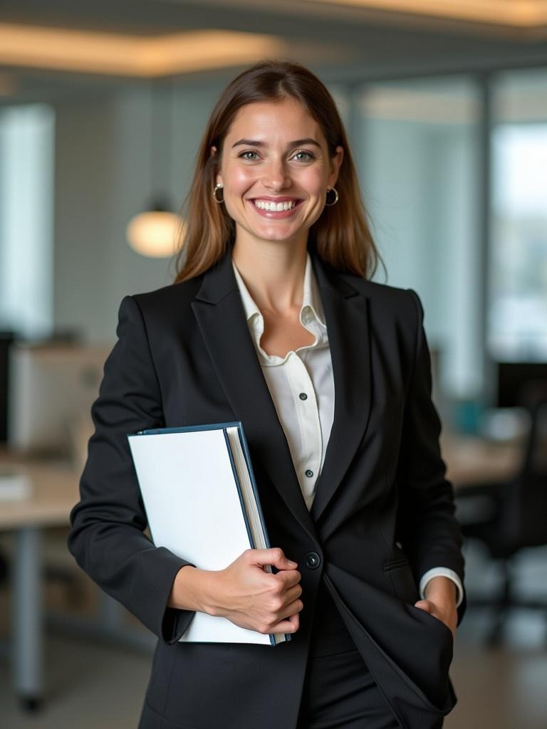 Professional woman stands confidently in an office. She is dressed in business attire. She holds books in her hands. The setting is corporate and modern. The atmosphere is focused and professional.