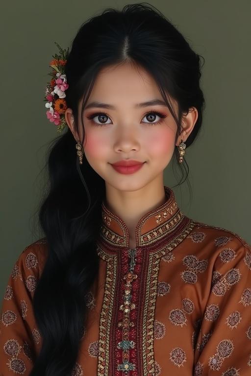 A young girl wears a traditional Banjar costume with elegant details that showcase cultural heritage. Hair is styled with a special headdress and adorned with flowers. Clothing features intricate embroidery and unique motifs representing strength and bravery.