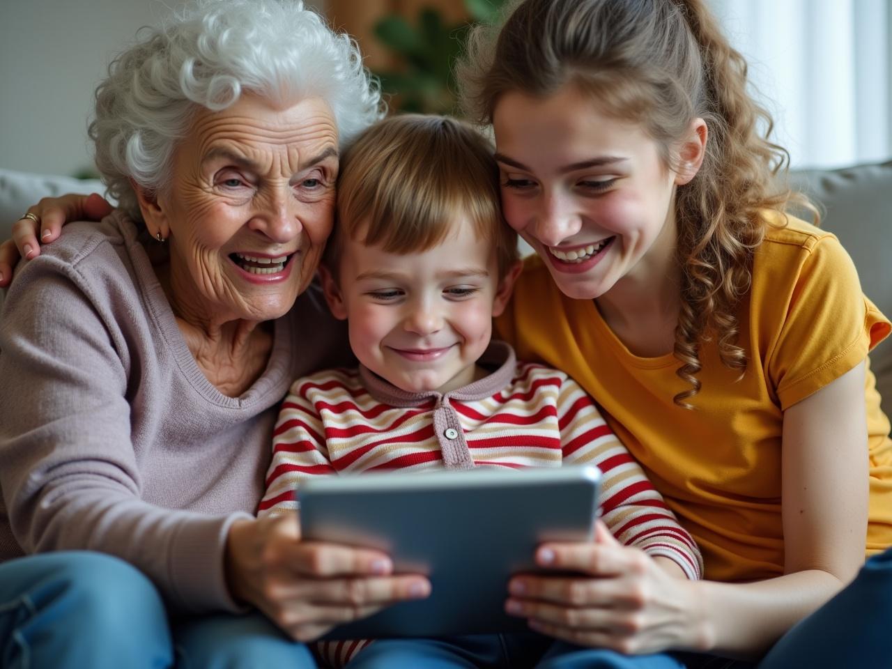 The image shows a warm and joyful family moment. A grandmother, a teenage girl, and a young boy are sitting closely together on a couch. They are all focused on a tablet that the boy is holding, with smiles on their faces. The grandmother appears excited, while the teenage girl leans in closely, enjoying the moment. The boy looks interested in whatever they are watching. The setting is cozy, and there is a feeling of togetherness and happiness among the three.