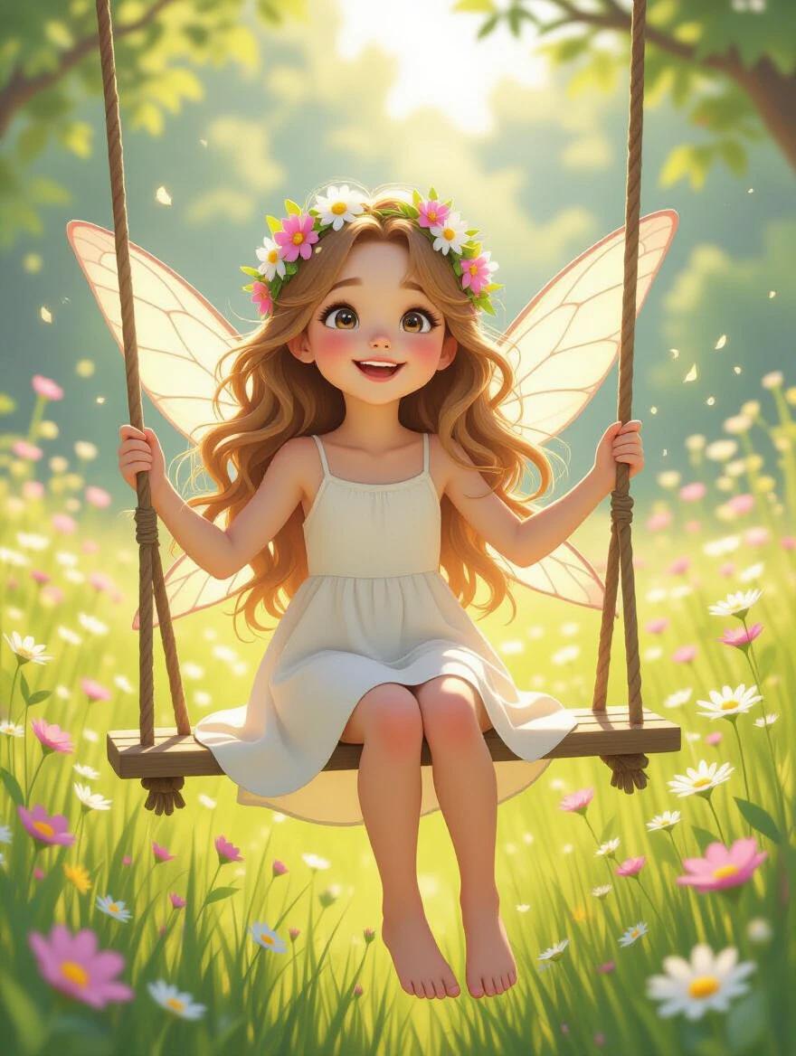 Image of a fairy girl on a swing in a meadow. She has long golden wavy hair and wears a flower crown. The setting features soft wildflowers and warm sunlight. The girl has a joyful expression, swinging with bare feet lifted in the air. Ethereal and pastel aesthetic with a realistic cartoon touch.