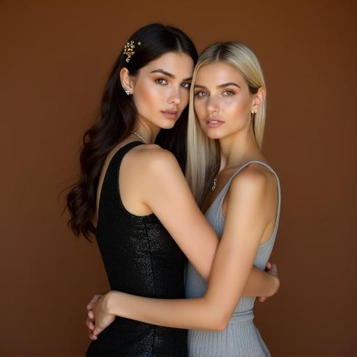 Photograph featuring two women closely posed against a warm brown background. Both women have fair skin and are in elegant evening gowns. The woman on the left has dark brown hair and wears a dark glittering dress. The woman on the right has platinum blonde hair in a light grey gown. Soft lighting enhances their features and attire.