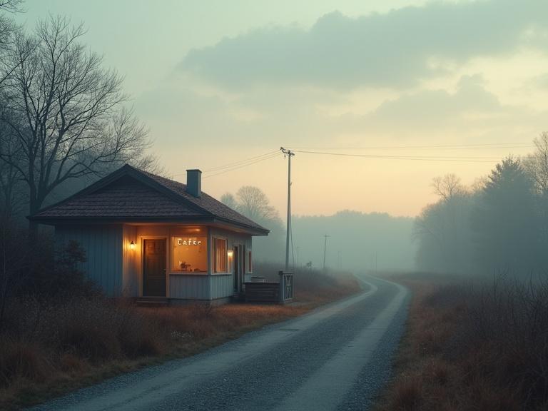 A small cozy café at the edge of a quiet road surrounded by nature. Warm inviting light inside. A lonely road stretches into the distance under a soft dreamy sky. Atmosphere is minimalistic and thought-provoking.