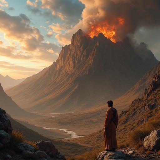 Dramatic volcano eruption scene with lava and ash. Dense green vegetation in the foreground contrasts with fiery background. Text in white and orange about volcanic activity and extinction. Powerful natural atmosphere and emphasis on science education.