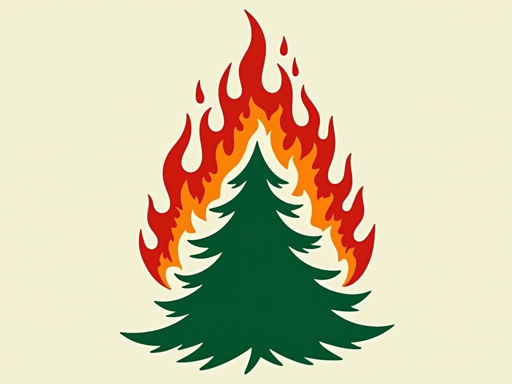 The image features a stylized design combining a green pine tree and flames. The pine tree is depicted in vibrant green, showcasing its classic triangular shape with layers of branches. Above the tree, bold red flames rise upward, creating a striking contrast with the green. The flames are shaped with sharp edges, suggesting movement and intensity, as if the tree is being engulfed by fire. This composition symbolizes destruction, perhaps representing forest fires or the duality of nature.