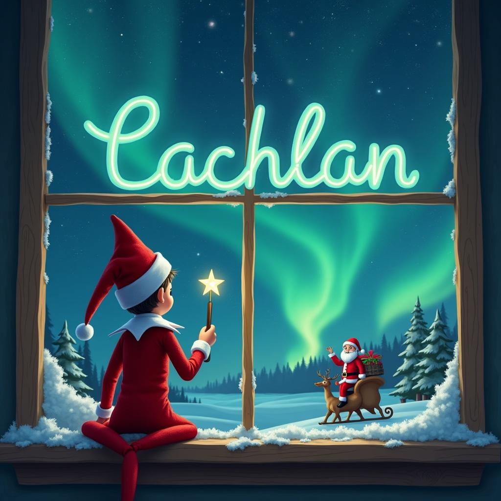 The image depicts an elf on the shelf from behind, gazing out a window at a magical night sky. The elf is holding a wand, using it to write the name 'Cachlan' in glowing letters across the sky. Outside, the scene is adorned with vibrant northern lights, enhancing the festive atmosphere. Close by, Santa Claus is cheerfully riding a sleigh pulled by a reindeer, adding to the holiday spirit. The window frame is decorated with snow, fitting the enchanting Christmas theme.