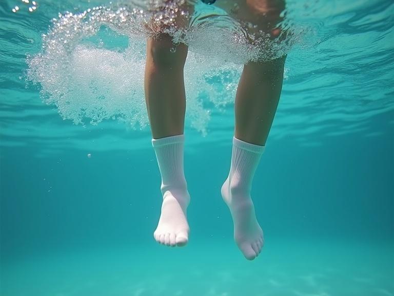 A girl swimming while wearing white socks. The viewpoint shows submerged feet and water bubbles. The setting appears bright and refreshing under clear water.