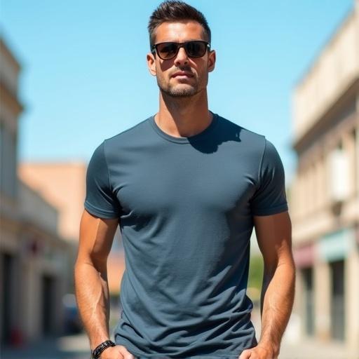 Men's short sleeve t-shirt displayed on a male model. Model wears sunglasses and stands confidently in an urban street. Daylight with clear blue sky shows summer vibes. Focus on high detail fabric texture and visible stitching. Premium casual fashion style.