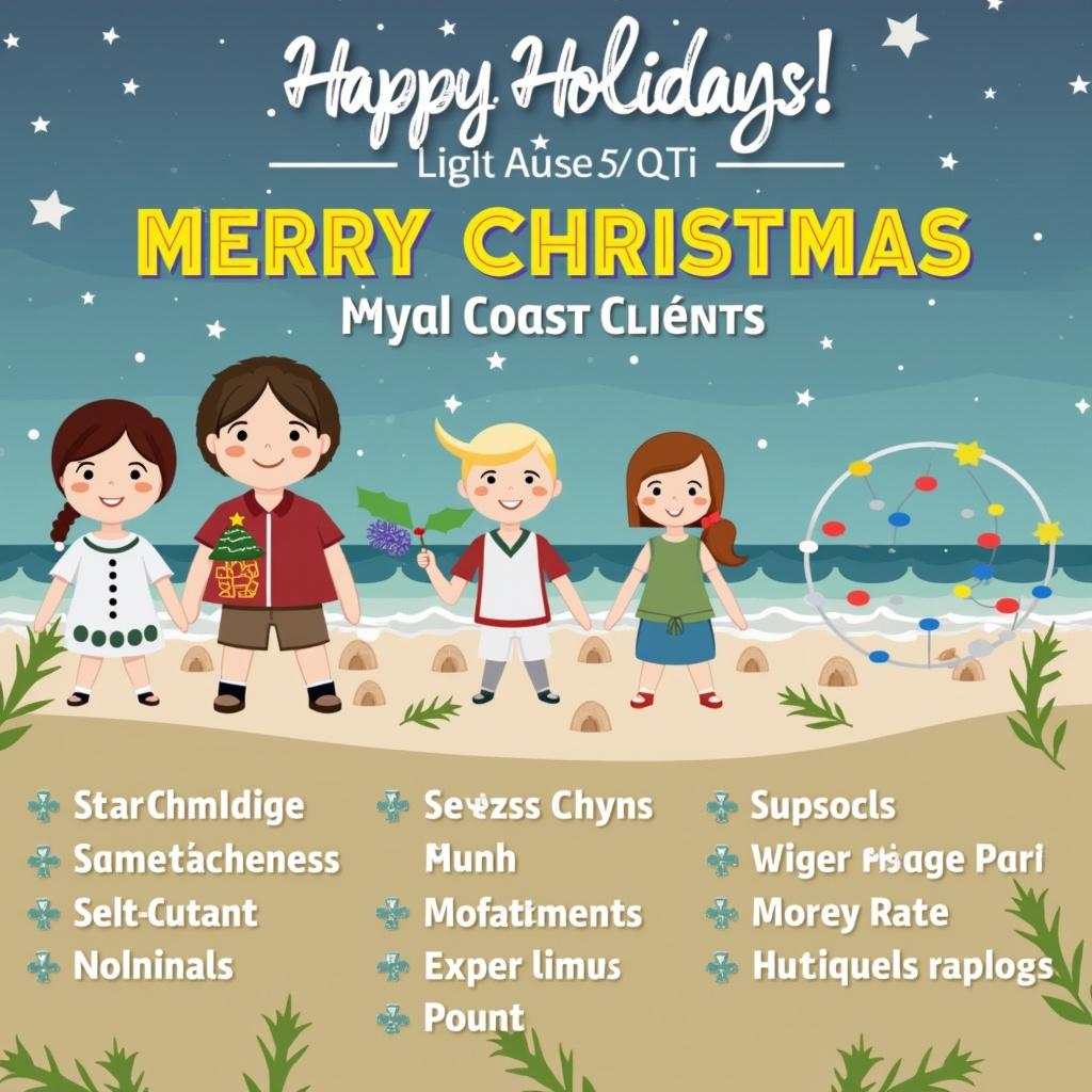 Holiday greeting for Myall Coast Clients with festive text and characters on the beach. Bright colors and cheerful elements