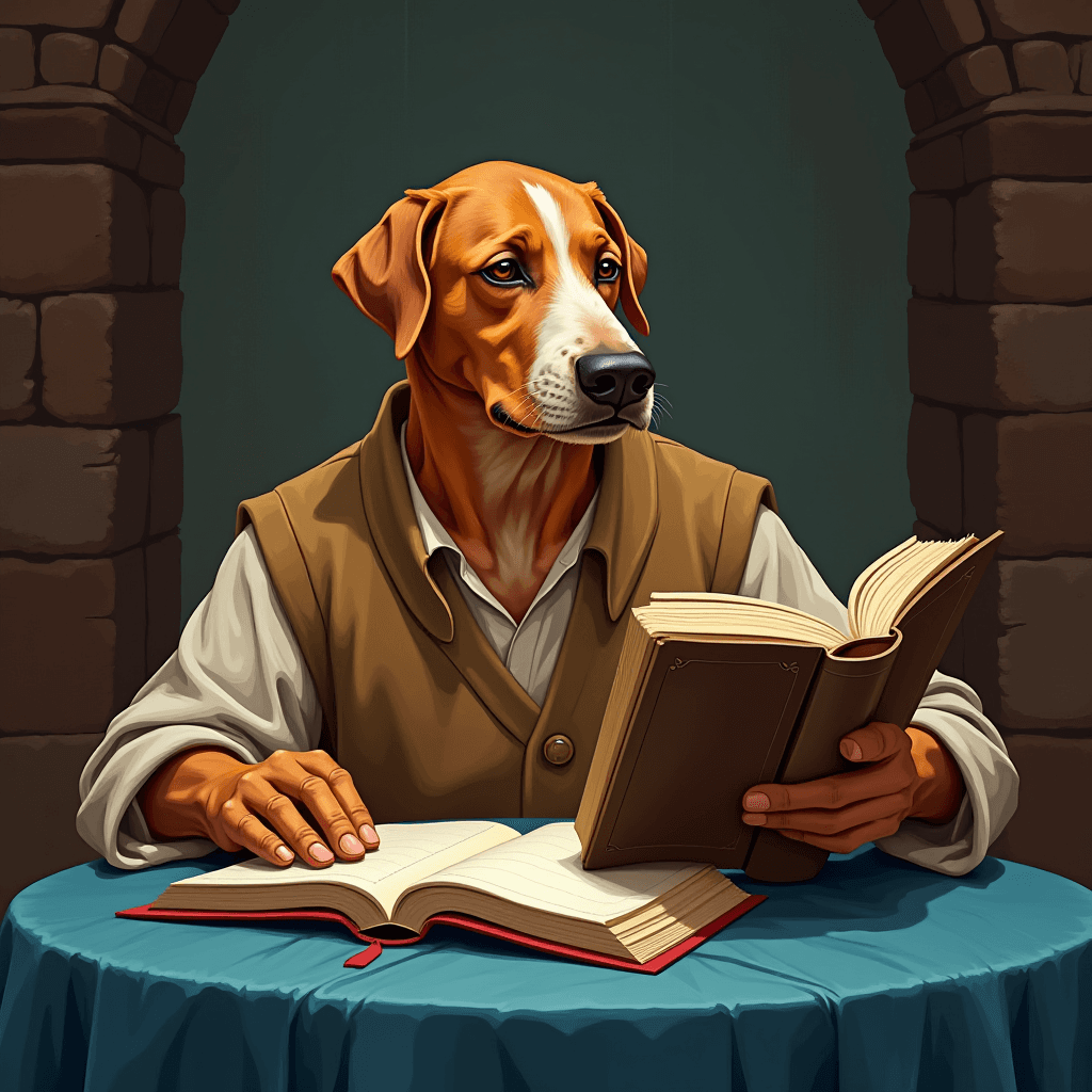 The image portrays an imaginative scene where a dog with a brown and white coat is depicted as a human scholar. The anthropomorphic canine is seated at a table, clothed in a vest and shirt, resembling attire from an old-world setting. The environment hints at a medieval or rustic theme with stone archways in the background. The dog appears to be engrossed in reading a book propped open on the table, with another book held in its hand-like paws. The atmosphere is serene and contemplative, suggesting a blend of fantasy and intellectual curiosity.