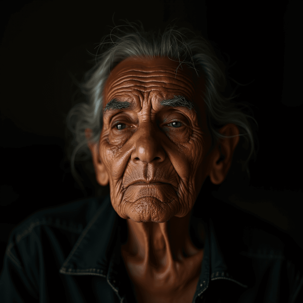 A contemplative elderly person with deep, expressive wrinkles, captured in soft lighting against a dark background.