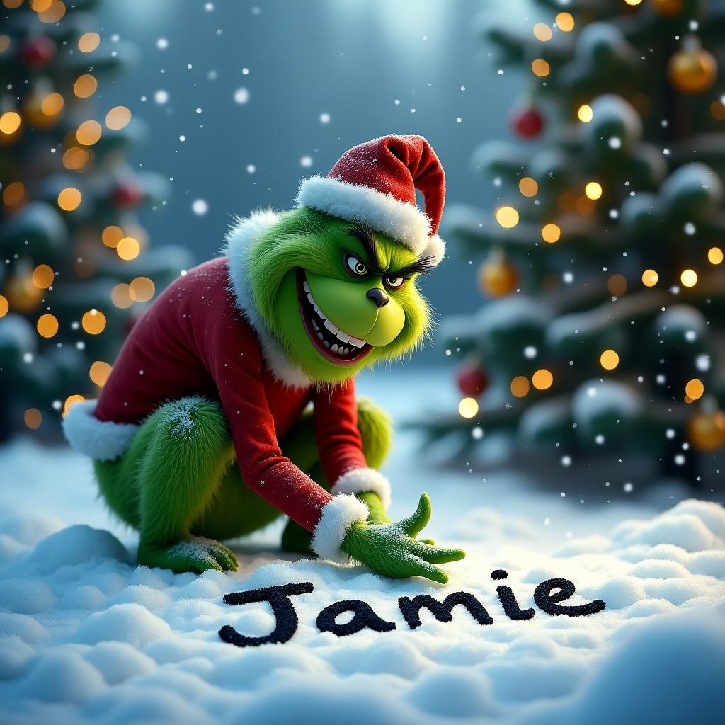 The Grinch is outside in the snow. Christmas trees with lights surround him. The Grinch writes the name Jamie in the snow.