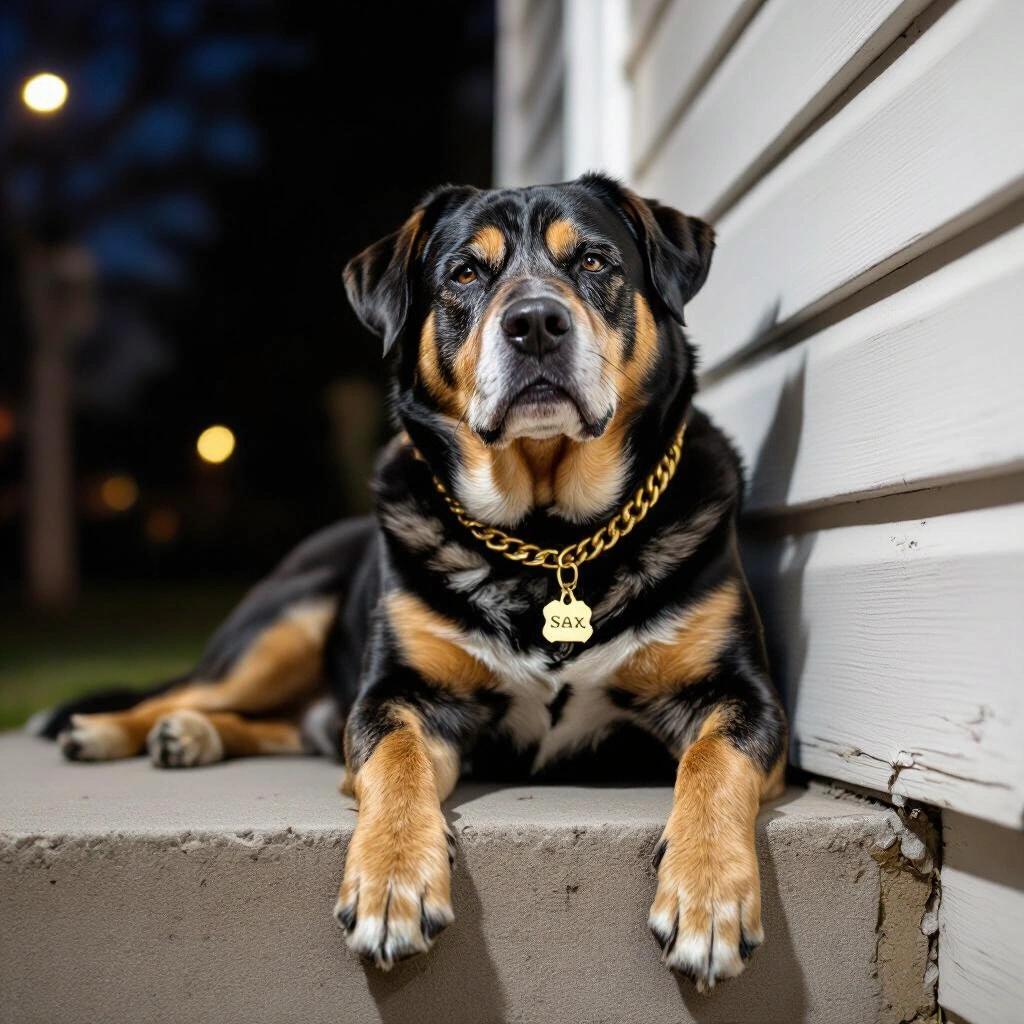 A dark raw photo of an old, fat dog relaxing on a stoop outside at night. The dog wears a gold chain with a name tag that says SAX.