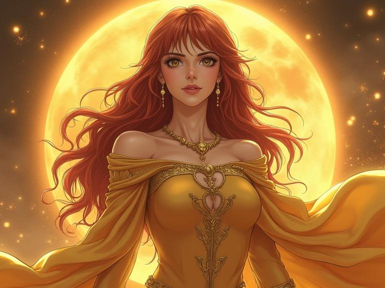 Illustration of a beautiful woman in gold cloth representing Virgo. Background features a large glowing moon. Realistic anime style.