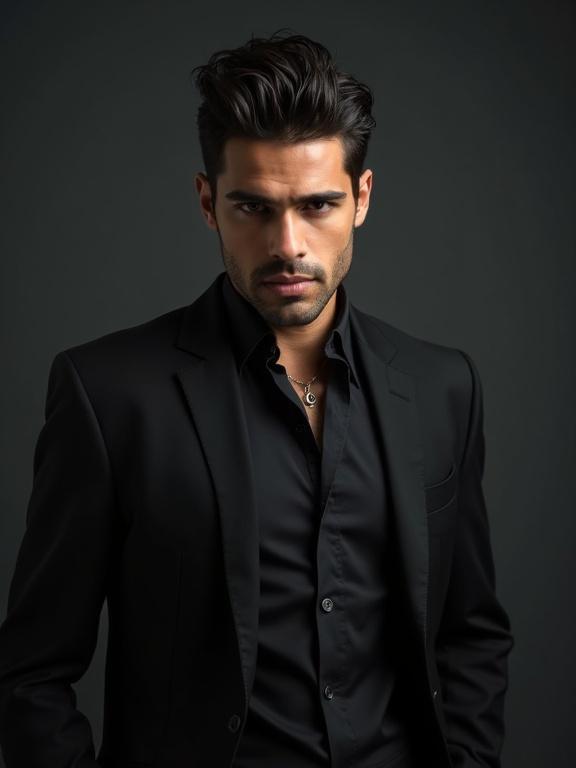 A handsome man wearing a dark suit and shirt. He has an intense gaze and is positioned against a plain dark background. The lighting accentuates his features, giving a dramatic effect.