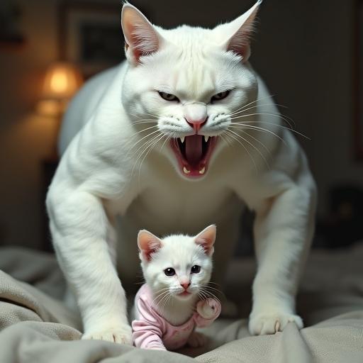 A hyper-muscular white cat has a bodybuilder physique. The cat has a furious expression with sharp teeth display. It stands over a small white kitten wearing pajamas. The scene is set in a cozy bedroom. The lighting is dramatic creating a cinematic atmosphere.