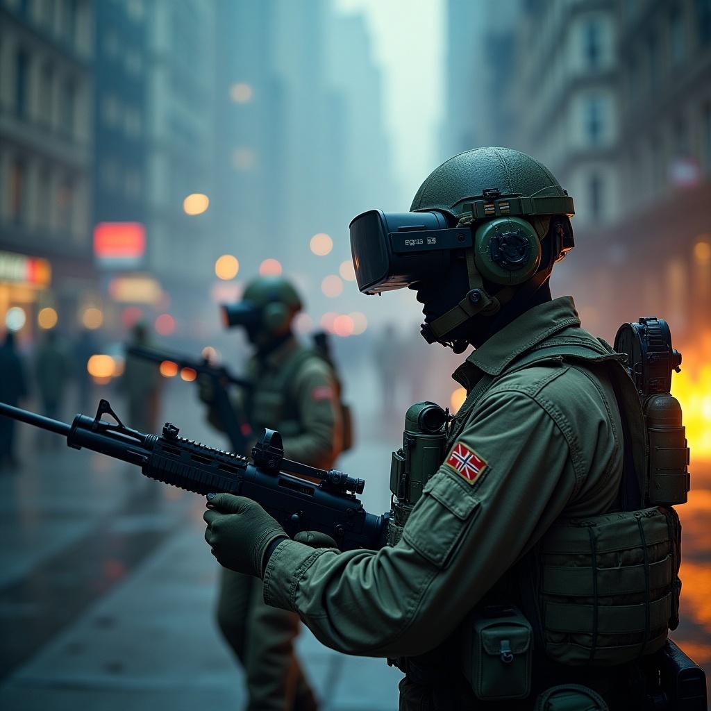 A soldier equipped with a virtual reality headset stands in an urban setting. The scene features other soldiers in the background. Flares and smoke create a dramatic effect. The atmosphere is tense and realistic.