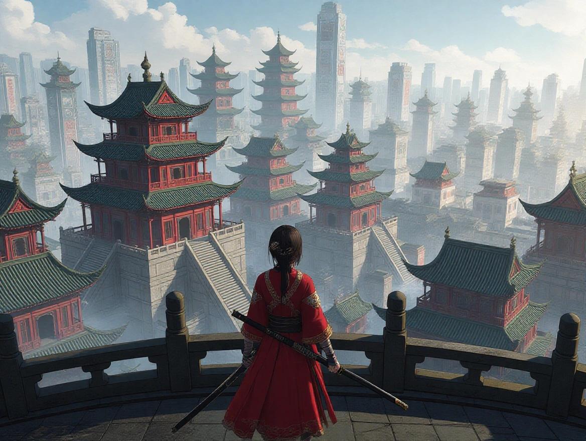 Anime samurai girl stands on an ancient Chinese temple. She looks over a dystopian retro city. The scene combines culture and modernity with dramatic skies and detailed architecture.
