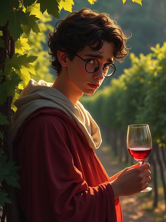 A digital oil painting featuring a young man in round glasses dressed in robes. He appears worried and pensive as he stands outdoors amidst lush vines. He holds a glass of red wine, with dynamic lighting and artistic flair, reflecting inspirations from Alphonse Mucha and François Marcela-Froideva.