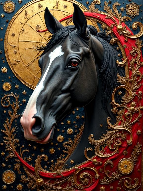 3D artwork of horse head. Mixed media style inspired by Klimt. Gold and red colors dominate. Detailed design with intricate elements. Whimsical and dramatic feel.