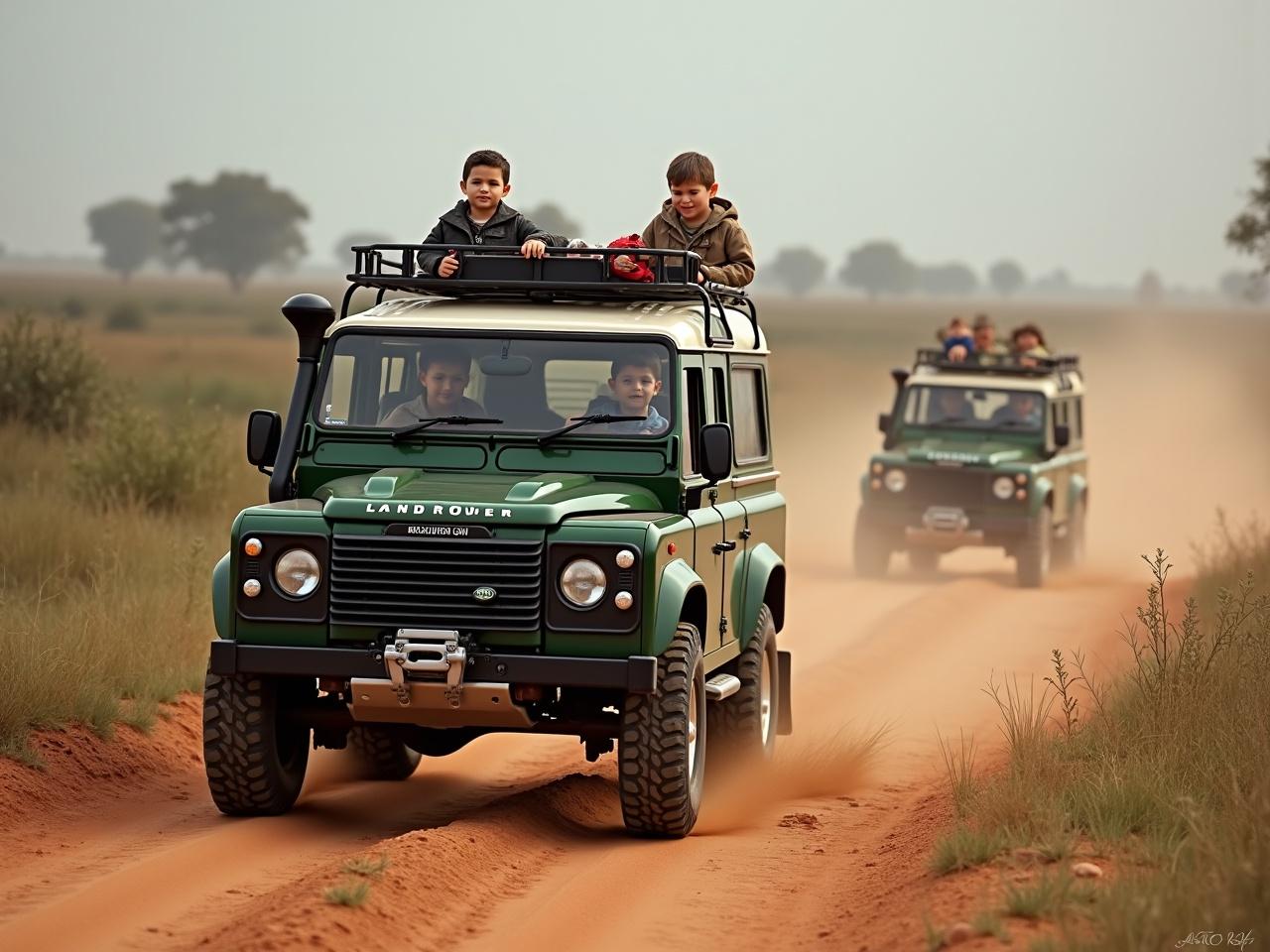 The image captures a vibrant safari scene with two green Land Rover vehicles driving down a dusty trail. The foreground features one Land Rover with children excitedly peering out, showcasing a carefree spirit and a sense of adventure. The background vehicle also carries passengers, adding to the lively expedition atmosphere. The scene is set in a savanna-like environment, enhancing the feeling of exploration and nature connection.