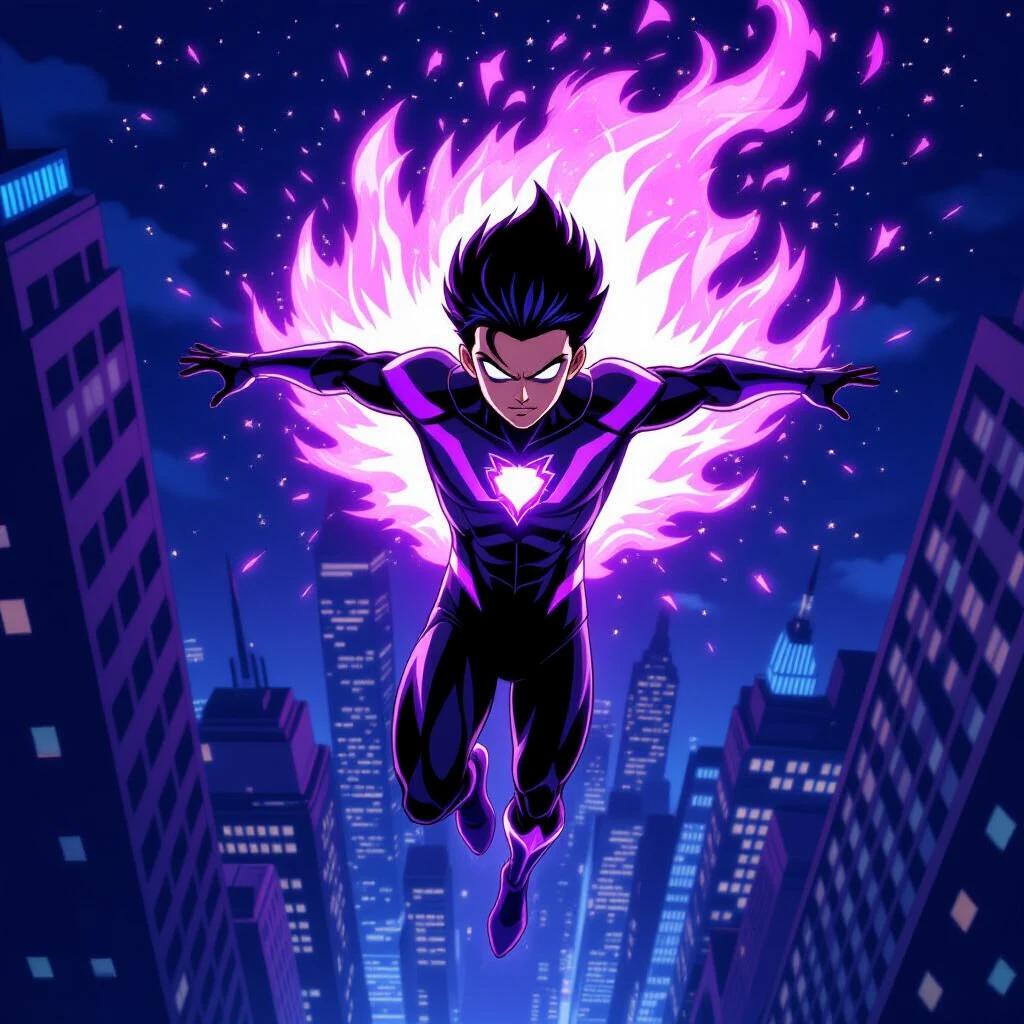 Superhero flying between tall skyscrapers at night. Sleek black suit with glowing purple accents. Bright crystal in center of chest emits flowing aura shaped like flames. Aura made of swirling purple space filled with stars. Short black hair with loose strands. Illustrated in vibrant cartoon style inspired by Marvel. Dynamic lighting and exaggerated action. Determined expression soaring through the night sky with city below.