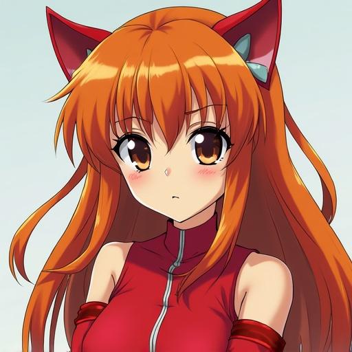 Character with orange hair and cat ears. She has a serious expression. The background is light and simple. The character wears a red suit and has long hair.