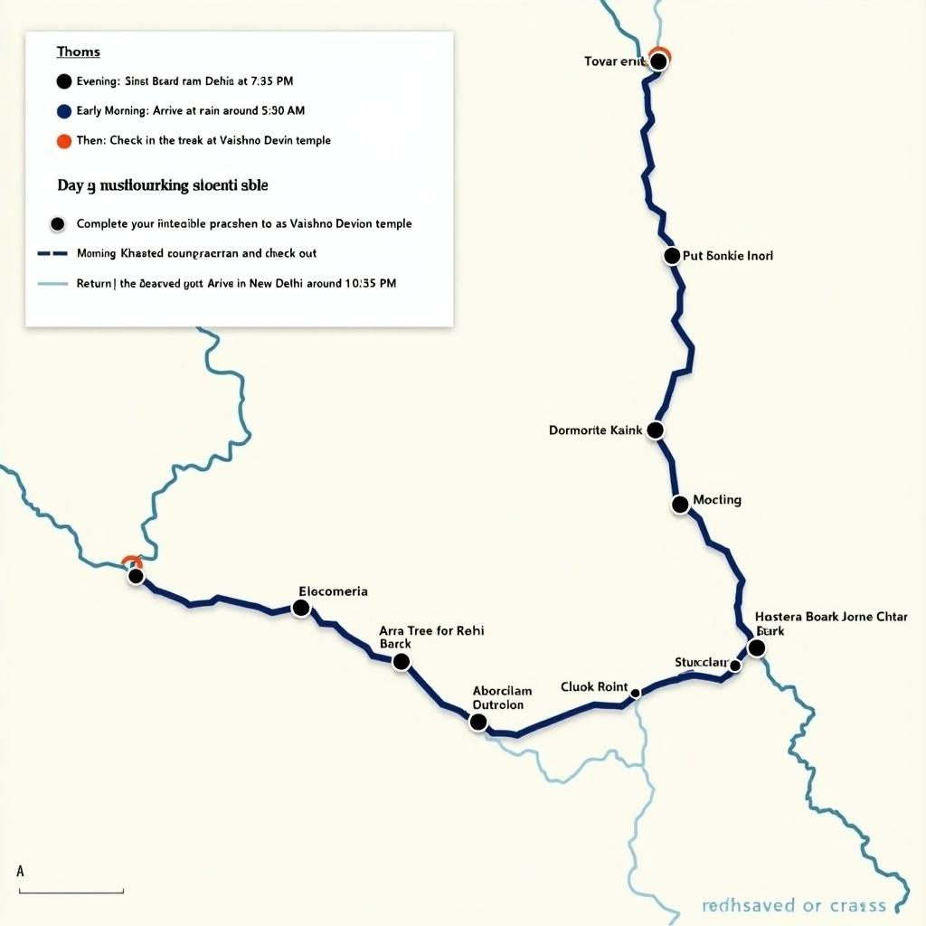 Create a pilgrimage route map detailing the trip from Delhi to Vaishno Devi temple. Include train timings, trekking path, and key locations.