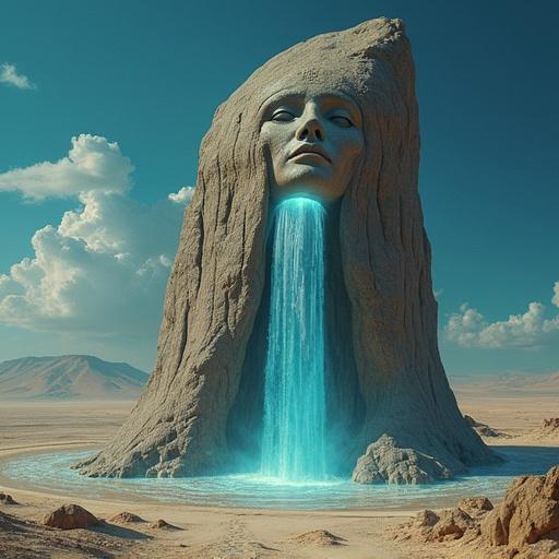 Massive stone statue of Mother Nature emerges in a desert. She has a waterfall flowing from her eyes illuminating a surrounding oasis. Scene combines elements of fantasy and nature.