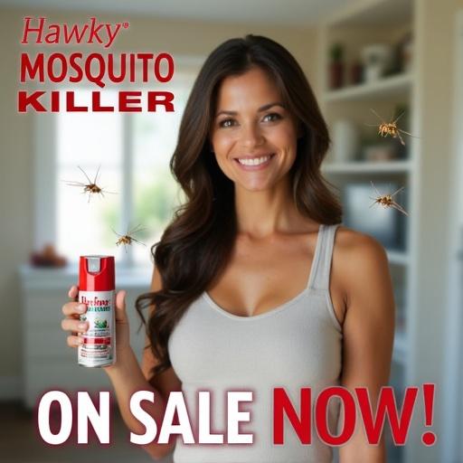 Confident woman stands indoors holding mosquito killer spray. She looks calm and proud. Clean home background is blurred. Mosquitoes fade around her. Bold text says 'Hawky Mosquito Killer – On Sale Now!'