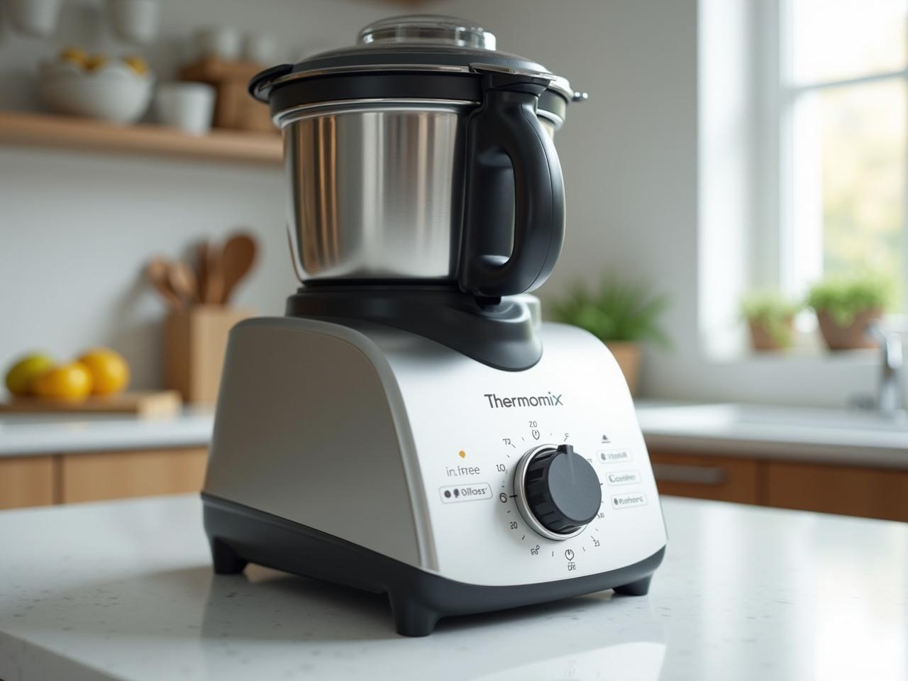 A professional product photograph of a food processor in the style of a Thermomix. The device features simple analog controls for temperature and speed, emphasizing ease of use. The exterior is made of metallic materials, giving it a sleek and modern look. The design is minimalistic, with clearly marked dials that enhance user experience. The kitchen setting is bright and clean, highlighting the food processor's functionality.