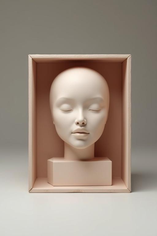 Realistic female head placed in a stylish box. The head is neutral and modern. Soft lighting enhances the overall aesthetic. The box complements the head with its elegant design.