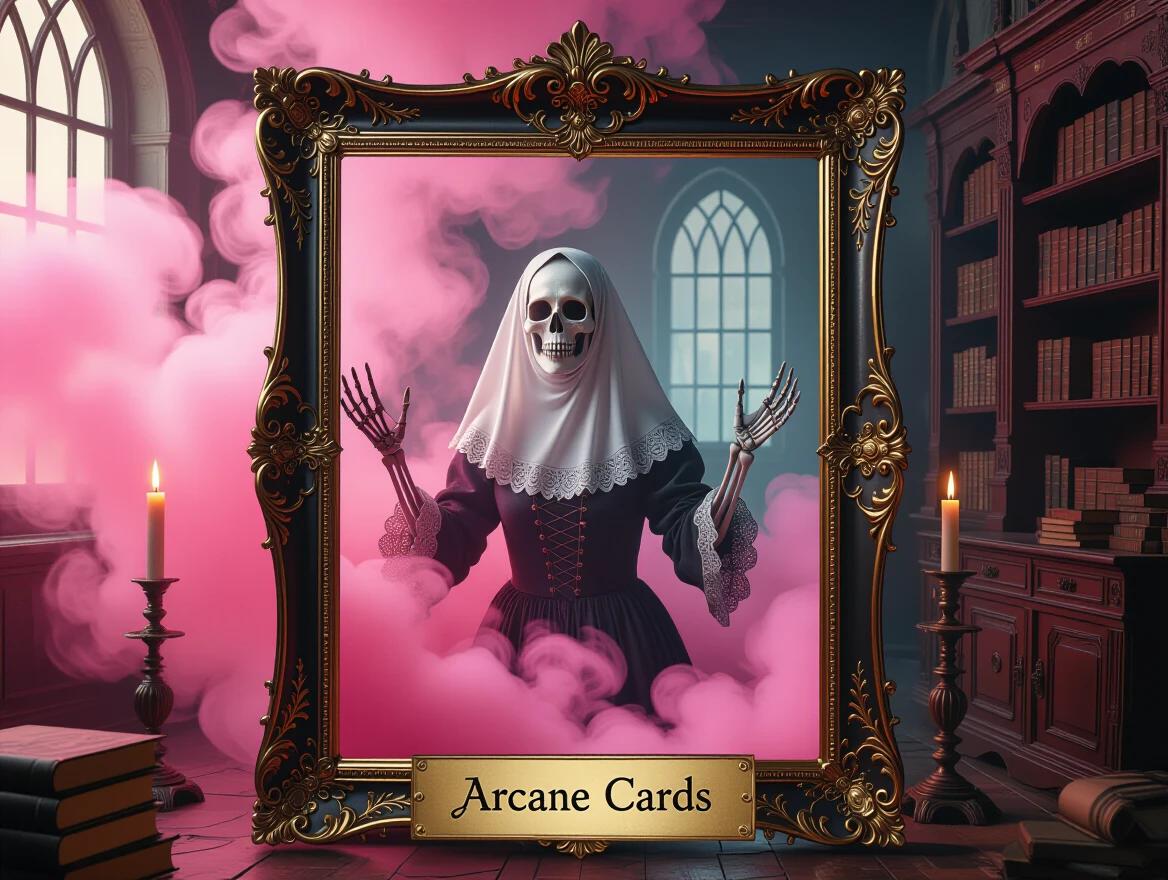 Ghostly midwife with skeletal and alive hands is ushering souls through pink smoke. The scene features candlelight illuminating a forgotten apothecary. The artwork has a dramatic composition with influences from Rembrandt and tarot imagery. Ornate black-gold frame surrounds the midwife and arcane cards appear to be breaking through the frame.