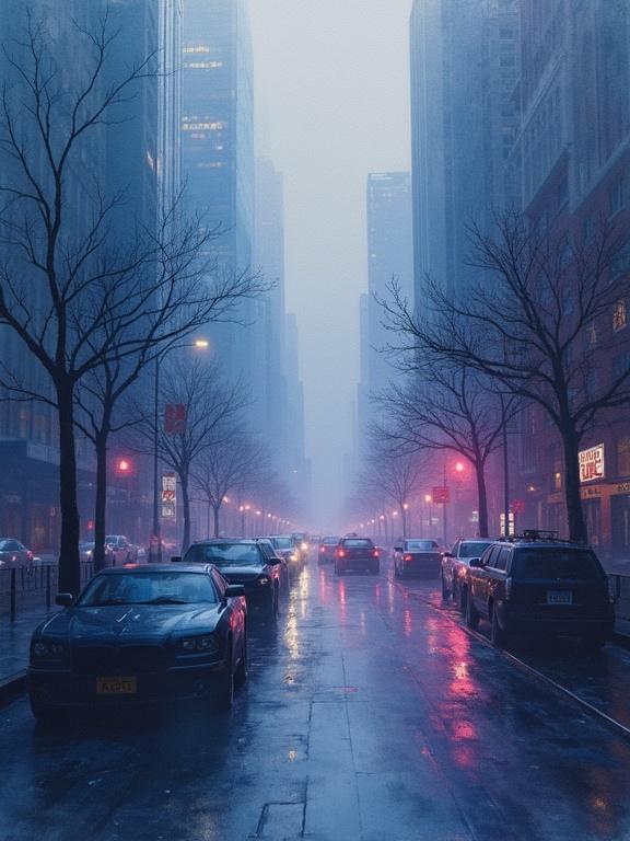 A dark metropolitan street captured in a high angle view. The scene is filled with glowing silver lights amidst a dark atmosphere. The street is wet, reflecting the soft glows. Tall buildings loom in the background, shrouded in mist. Bare trees line the avenue, adding to the eerie feel. The entire composition has a dreamy watercolor painting effect with a gradient background of blues and purples.