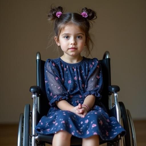 Photo of a young girl with dark hair and two pigtails. She wears a dark blue dress with pink patterns and purple sandals. The girl sits in a wheelchair in a neutral setting.
