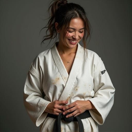 Realistic athletic woman wearing a worn-out karate gi with dirt smudges and untidy hair. She has light bruises on her face and appears exhausted but smiling. Hands on her belt focus on the whole body.