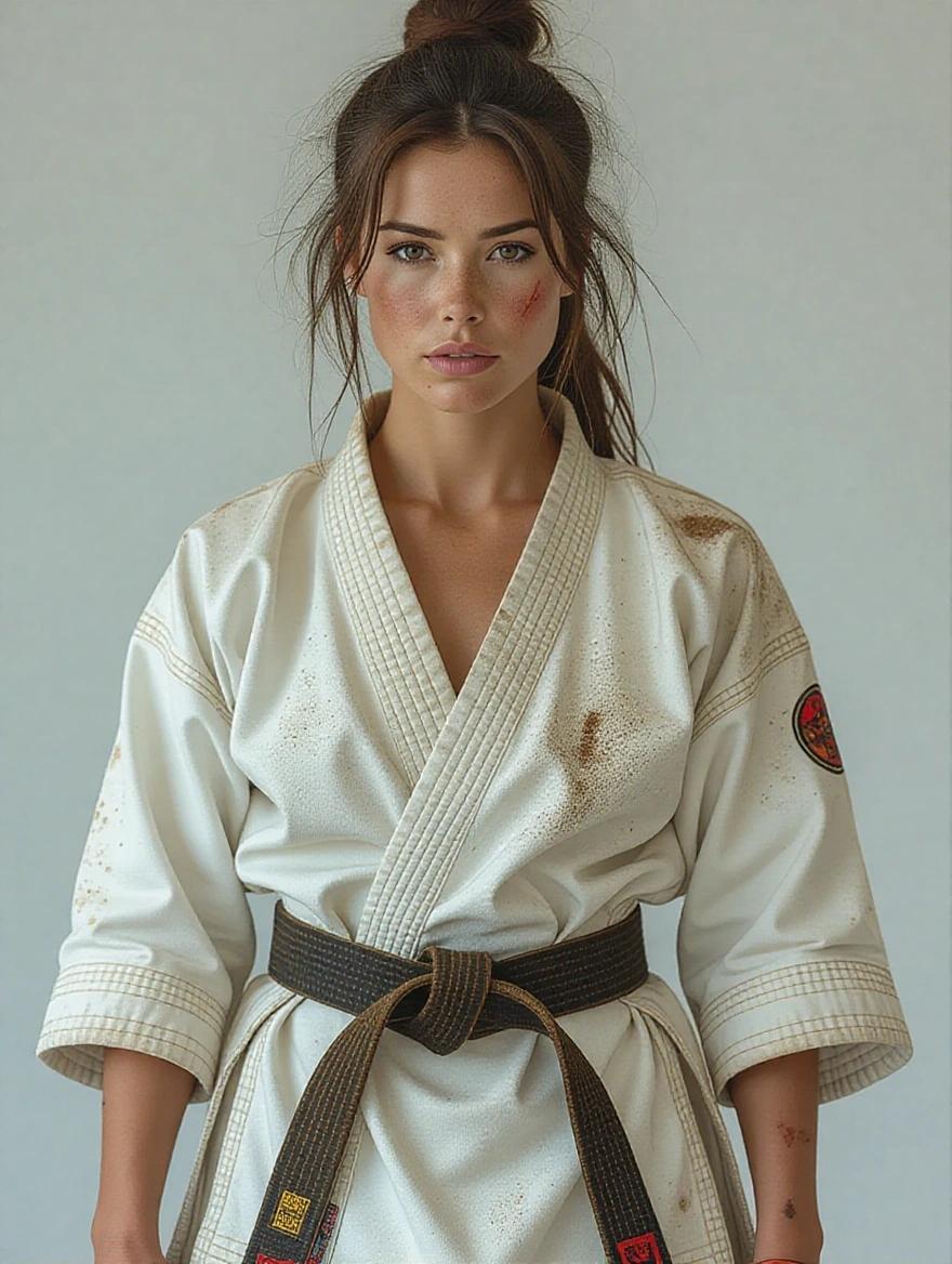 Realistic athletic woman wearing a worn out karate gi. Gi appears partly ripped and dirty. Smudges on face reflect toughness. Hair is untidy and facial bruises are visible. Woman stands with hands on her black belt. Full body image captures the essence of resilience and strength.