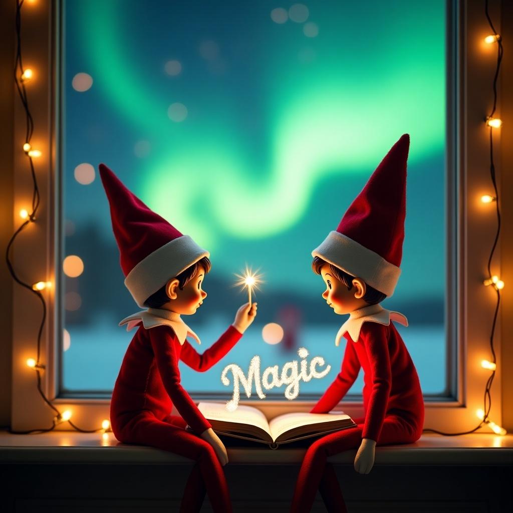 Enchanting scene of two cheerful elves in red outfits sitting by a window. They are looking at a glowing book. The northern lights create a vibrant backdrop. Holiday lights frame the window. The mood is warm and inviting for Christmas. An elf holds a wand casting the word 'Magic'. Santa Claus is visible in the background. Soft glowing lights enhance the setting.