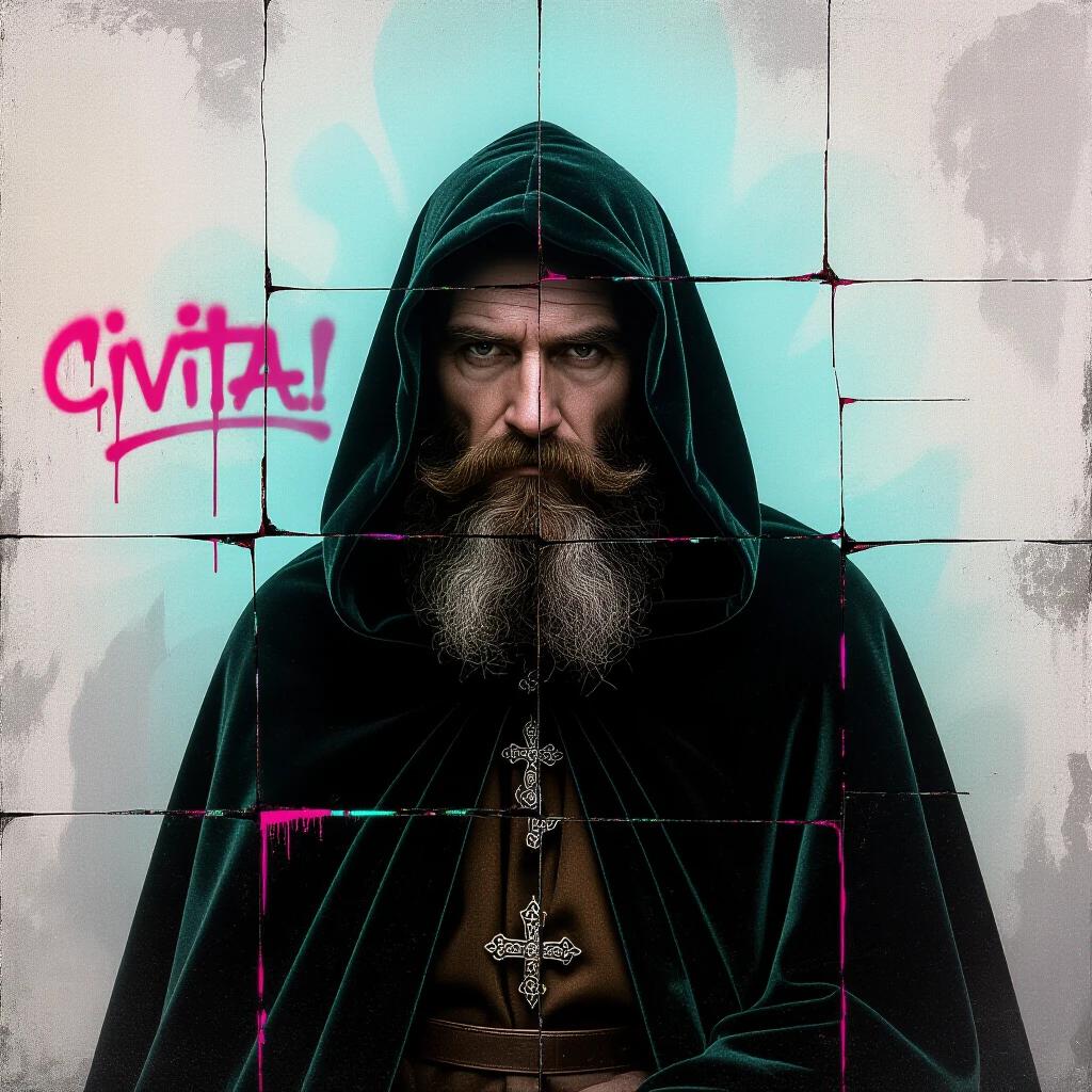 Depiction of a 16th-century bearded hermit in a velvet cloak. The man gazes solemnly at the viewer. Oil-painted textures blend with glitch artifacts. Neon graffiti decorates the background. The colors are smoggy with desaturated pastels, enhanced by cyan and pink overlays. The art combines realism with vaporgrunge aesthetics. The depth of field is cinematic, showcasing raw textures.