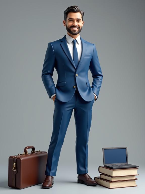 Action figure dressed in blue suit with white shirt and tie. Next to figure are a fancy briefcase thick books and an open laptop. Background is silver gray. Text 'Smuel Ereli' at the top.