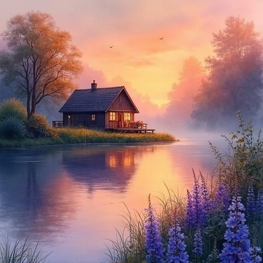Vibrant watercolor artwork depicting a peaceful shack on a calm river at dusk with a soft mist and a glowing sky. High-resolution texture enhancing warm colors like oranges and purples with blue flowers in the foreground.