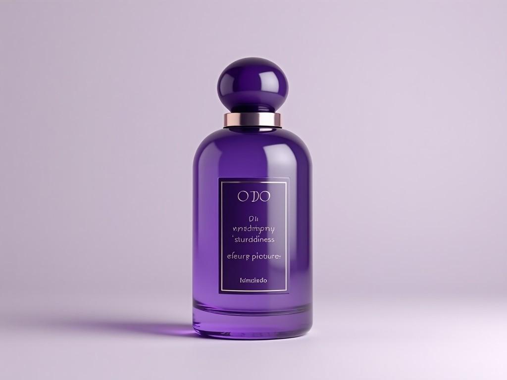 The image shows a luxurious perfume bottle designed in a sleek purple hue. The bottle features an elegant round cap and a minimalistic label with refined typography. Soft lighting enhances the bottle's glossy finish, giving it an exquisite look. Positioned on a smooth, light-colored background, the focus is entirely on the bottle, emphasizing its stylish design. This image would attract lovers of high-end beauty products and perfumes.