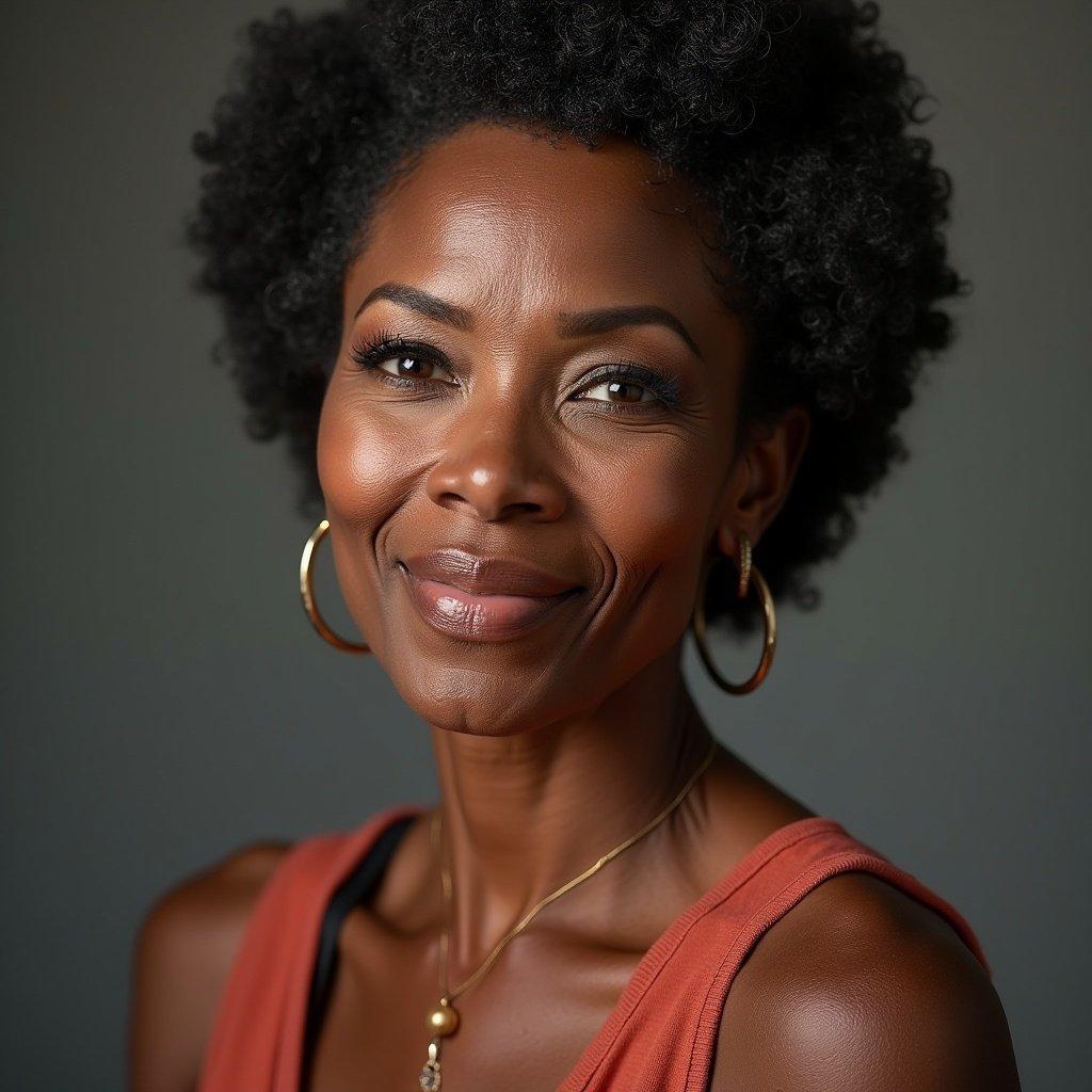 Portray a 58-year-old Black woman in a meditative pose. She exudes tranquility and reflects on spirituality and wellness. Soft lighting highlights her features. Focus on her expression and peaceful demeanor.