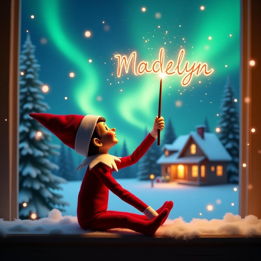 An elf on the shelf sits with its back to the viewer, gazing skyward. It holds a glowing wand that emits sparkling light. The background showcases a charming Christmas scene with colorful northern lights swirling above. In the distance, a cozy house can be seen, decorated for the holidays. Snow covers the ground, adding to the winter atmosphere. The elf is in a playful position, embodying the spirit of magic and wonder associated with Christmas. The name 'Madelyn' is written in the air using the wand, creating a sense of holiday cheer.