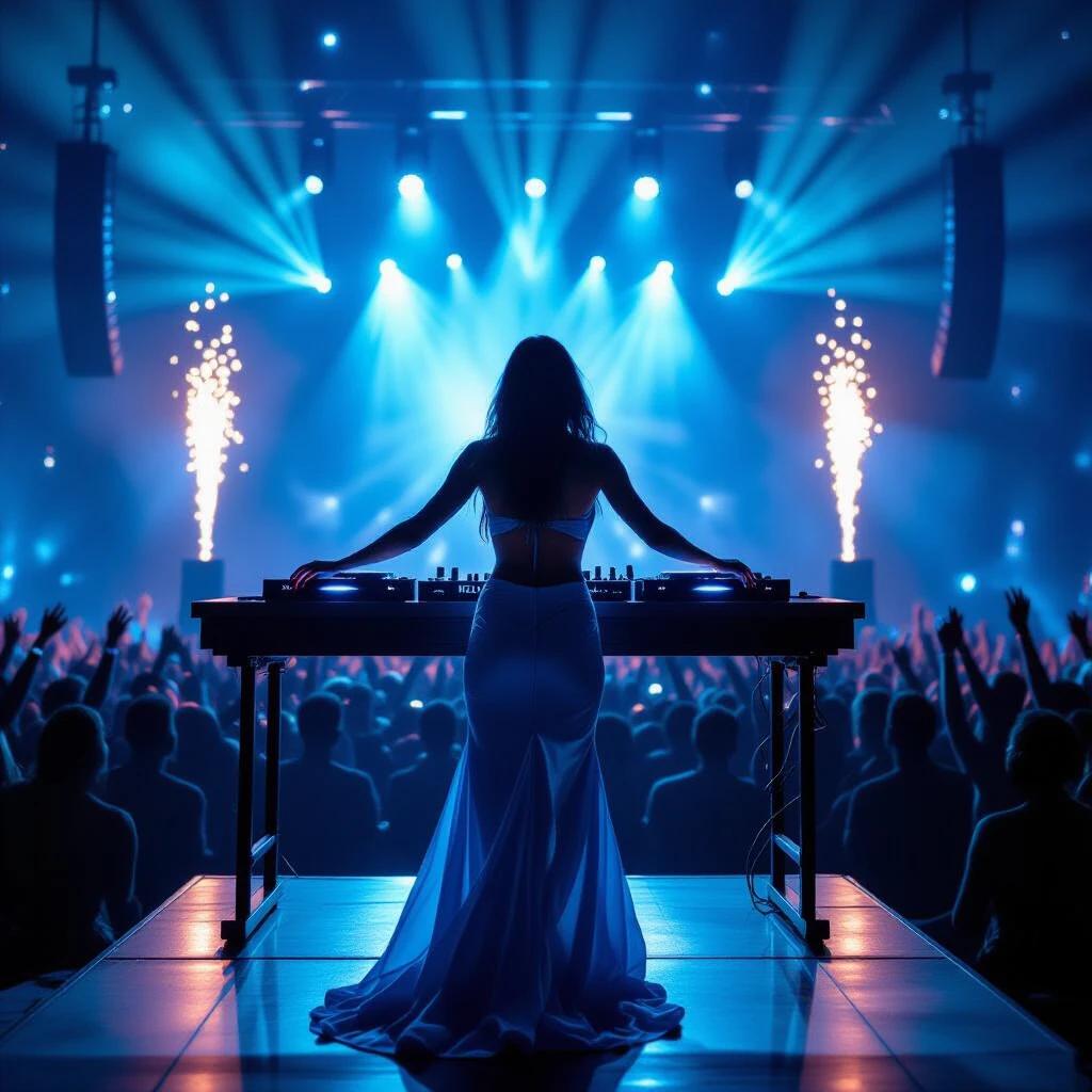 Female DJ in blue and turquoise swimwear stands at a turntable on the main stage of Tomorrowland. Energized crowd dances under blue laser lights at night. Giant LED screens and pyrotechnics enhance the atmosphere. Cinematic realism focuses on metallic textures of equipment and aquatic reflections in swimwear. Neon turquoise lighting casts dynamic shadows, perspective at stage level.